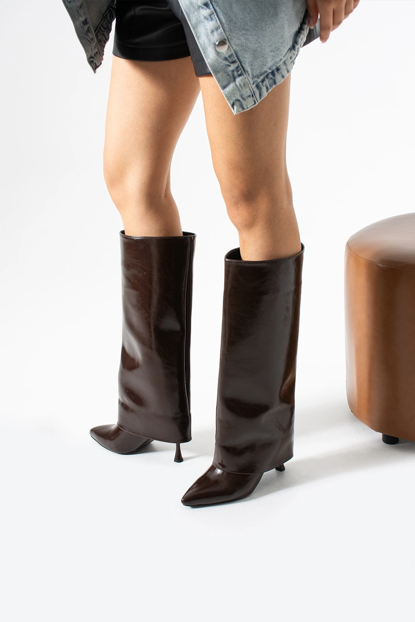 Duxal Shoes Dora Kadın Deri Sivri Burun Topuklu Çizme Acıkahve