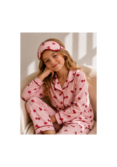 Beka Kids Desenli Uzun Kollu Önden Düğmeli Gömlek Yaka Kız Çocuk Pijama Takımı Ve Göz Bandı Kırmızı