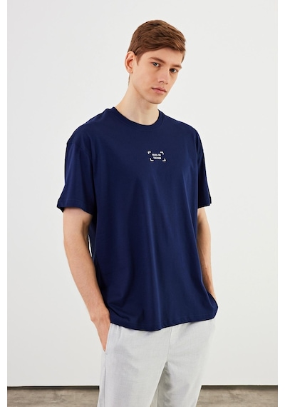 Leo Erkek Oversize Tshirt %100 Pamuk Bisiklet Yaka Baskı Detaylı Basic Tişört Mtlce85 Lacivert