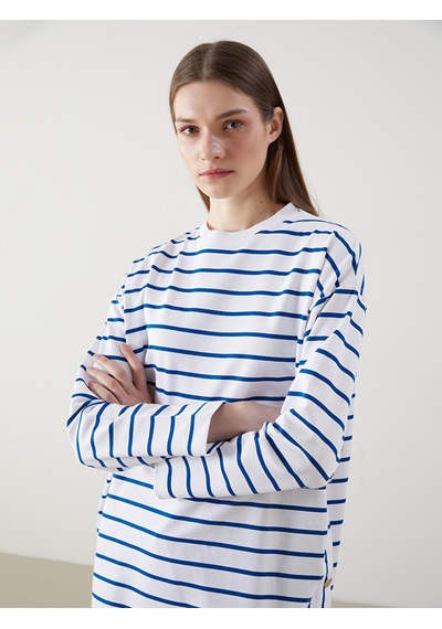 Lcw Modest Mavi Bisiklet Yaka Çizgili Kadın Sweatshirt Tunik