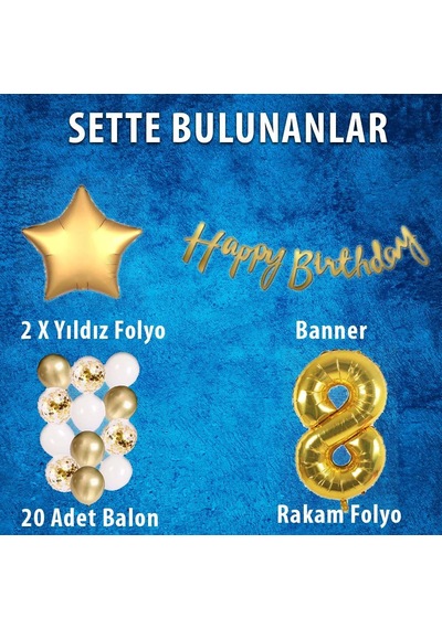 Gold Konsept 8 Yaş Doğum Günü Kutlama Seti; Beyaz Gold Konfetili Balon, Rakam Yıldız Folyo ve Banner