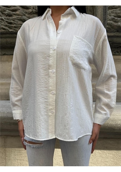 WeShaya Beyaz Oversize Kırışık %100 Polyester Gömlek Beyaz