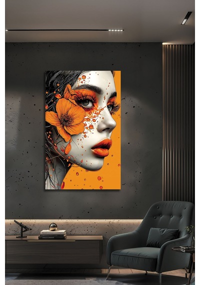 Modern Turuncu Çiçekli Lüks Kadın Portresi Dekoratif Cam Tablo Çiçek Temalı Dekoratif Duvar Tablosu, Salon Ve Yatak Odası Dekoru,