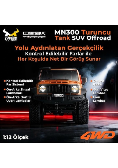 Mn Model Mn300 1/12 Tank Suv 4wd Rc Crawler Offroad Uzaktan Kumandalı Araba Arazi Aracı Model Car Truck Rtr Turuncu Mn-300 +dahili Işık Seti Mnmodel/mn300-orange