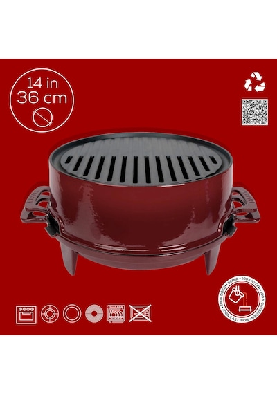 Lava Döküm Yuvarlak Mangal Izgara Set Döküm Demir Yekpare Çift Kulplu Çap Ø 36cm. Bordo