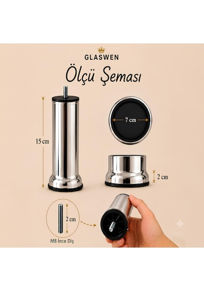 4 Adet Metal Destek Ayağı 15 Cm Krom Mobilya Kanepe Baza Koltuk Ünite Ayakları Metrik 8 Civatalı İnce Diş