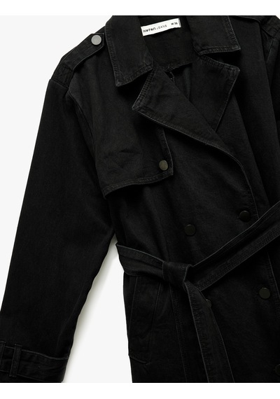Koton Uzun Kollu Kruvaze Yaka Kemer Detaylı Uzun Denim Trençkot Siyah 6wal50043md Siyah