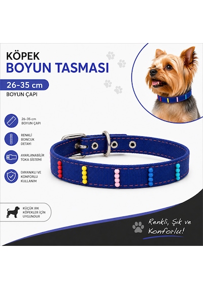 Boncuklu Köpek Boyun Tasması 26-35 Cm Küçük Irk Ayarlanabilir Metal Tokalı D Halkalı - Lacivert Çok Renkli