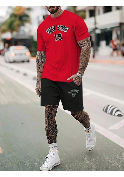 Altamira Erkek Kırmızı New York 19 Baskılı Şort T-shirt Takım 001