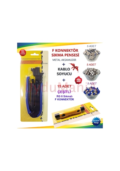 F Konnektör Sıkma Pensesi + Kablo Soyucu + Sıkmalı F Konnektörler