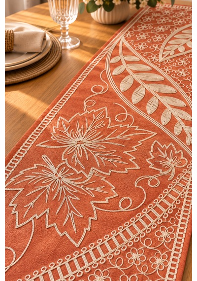 Nakışlı Geometrik Desenli Dekoratif Runner Masa Örtüsü 45x120 Cm Kiremit
