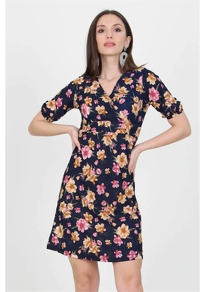 Dip Moda Kadın Kruvaze Yaka Çiçek Desenli Örme Krep Mini Elbise Nb100221 Lacivert Dip Moda Kadın Kruvaze Yaka Çiçek Desenli Örme Krep Mini Elbise Nb100221 Lacivert