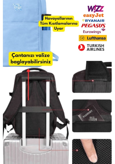 Jet Turtle Seyahat Sırt Çantası 40cm 40x25x15 Cm Pegasus, Wizz Air, Ryanair, El Valizi Koltuk Altı Valizi Buz Mavisi