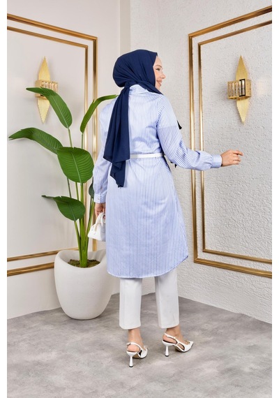 Harman Butik Kemerli Çizgili Keten Gömlek Mavi Mavi