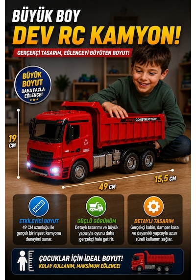Şarjlı Uzaktan Kumandalı Rc Damperli Kamyon Büyük Boy Işıklı İnşaat Oyuncağı