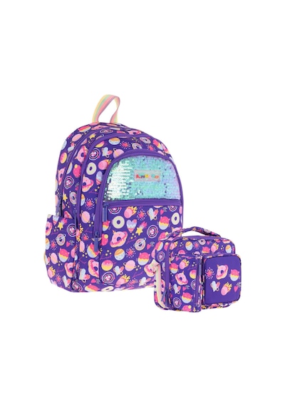 Kaukko Kids Pullu Şekerleme Desenli, Kız Çocuk Mor Okul Çantası + Beslenme Çantası Seti L5216+l7216 Mor