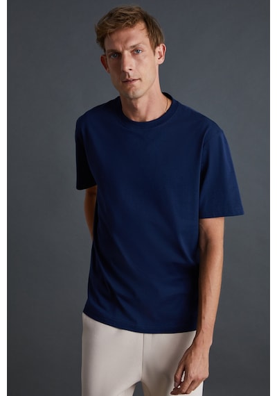 Grimelange Solo Erkek %100 Organik Pamuklu Kalın Dokulu Comfort Fit Bisiklet Yakalı Lacivert T-shirt Lacivert