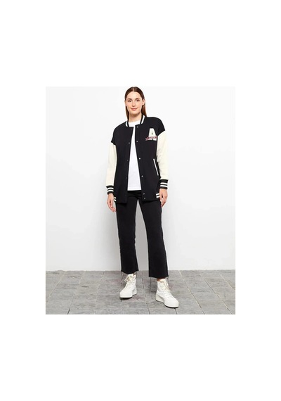 LC Waikiki Lcw Modest Siyah Bomber Yaka Nakışlı Kadın Kolej Ceket