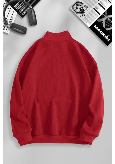 Macklin Unisex Kadın Erkek Ny Baskılı Yarım Fermuarlı Dik Yaka Basic Sweatshirt Kırmızı Mck0975 Kırmızı