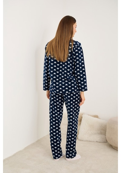 Siyah İnci Nakışlı Büyük Beden Polar Kışlık Örme Pijama Takım 25222571 Lacivert