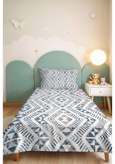 Mavi Geometrik Modern Pike Takımı - Bohem İskandinav Beyaz Gri 160x220 Cm Kapitone Yatak Örtüsü Yeşil