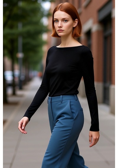 Ersefa Kadın Esnek Örme Kayık Yaka Uzun Kollu Slim Fit Bluz Kaliteli Şık siyah
