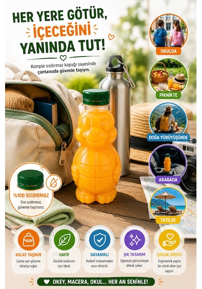 100'lü Set Şeffaf Kaplumbağa Şişe Yeşil Kapaklı Pet İçecek Şişesi Çocuk Beslenme Matarası 250 Ml