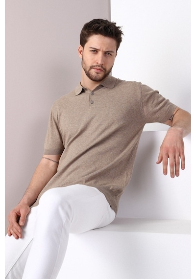Ferraro Bej Polo Yaka Düz Renk Erkek Pamuk Triko T-Shirt-Bej
