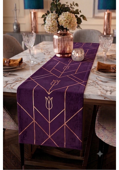Premium Masa Runner Dijital Baskılı Geometrik Lale Desenli Dekoratif Salon Mutfak Yemek Masası Runner Örtüsü 45x140 Cm Mor