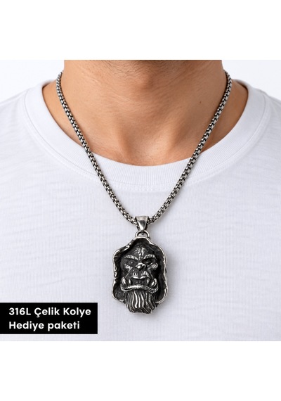 316l Çelik Erkek Kolye Goril Figürlü Kabartmalı Zincirli Güçlü Tasarım Aksesuar Altın - Gümüş