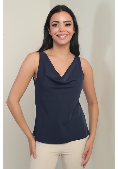 By Saygı Kadın Degaje Yaka Kolsuz Krep Saten Bluz-41063 Lacivert