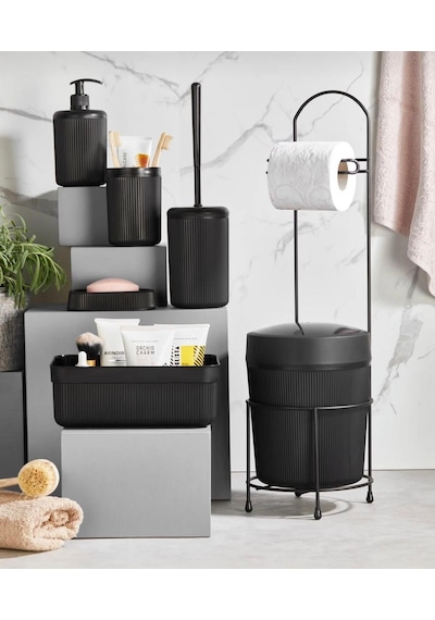 7 Parça Banyo Seti Çöp Kovalı Tuvalet Kağıtlığı Ve Fırçası - Kozmetik Kutusu - Diş Fırçalık - Katı Ve Sıvı Sabunluklar Siyah