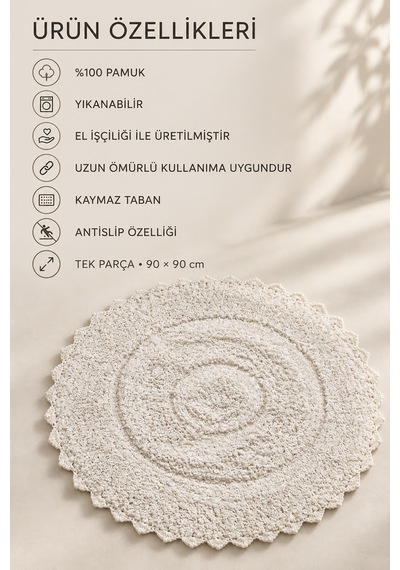 Alanur Bodrum Tufting Cotton Pamuklu El Işi Örgülü 90 X 90 Cm Paspas 110 Ekru