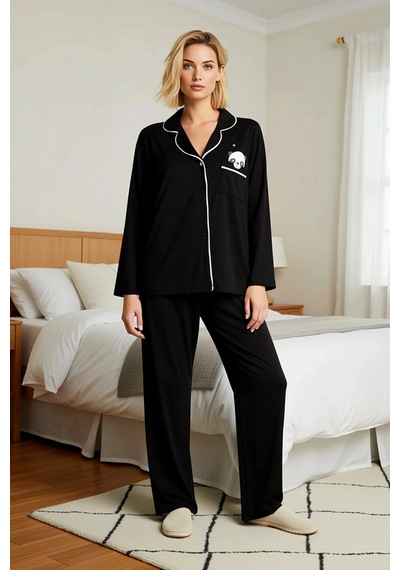 Benerly Kadın Gömlek Yaka Uzun Kol Panda Baskılı Büyük Beden Pijama Takım Siyah