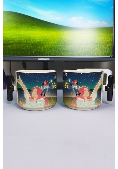 Ponyo Anime Baskılı Seramik Lüks Kupa 1 Adet T Şeklinde Özel Siyah Kulp Dalga Kulp V4t Çok Renkli