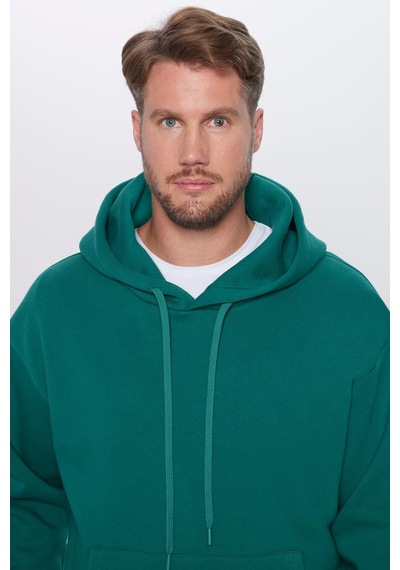 Tudors Unisex Oversize Geniş Kesim Pamuklu Yumuşak Dokulu İçi Polarlı Basic Yeşil Kapüşonlu Sweatshirt-29409 Yeşil