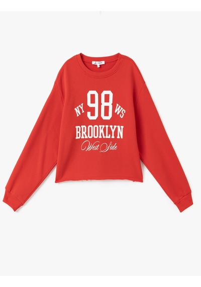 Koton Şardonlu Kolej Baskılı Bisiklet Yaka Crop Sweatshirt Kırmızı 5sal10444ık Kırmızı
