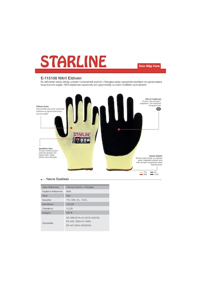 Nitril Kaplamalı Aramid Eldiven Starline E-115100 4231b X2xxxx P Beden 10