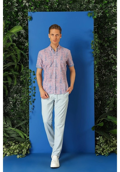 Efor Slim Fit Düğmeli Yaka Desenli Kısa Kol Pamuk Lila Gömlek G 1499 Lila