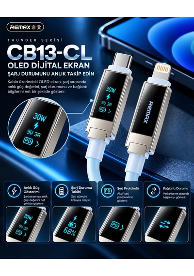 Remax Cb13-cl Thunder Serisi 30w Oled Ekranlı Bluetooth App Kontrollü Type-c To Lightning Hızlı Şarj Ve Data Kablosu 1.2 Metre Buz Mavisi