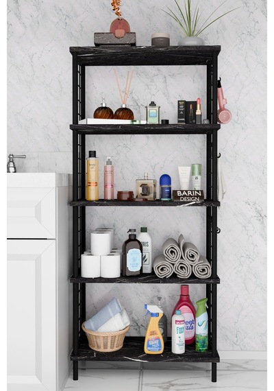 5 Raflı Çevir-kur Raf Ünitesi Telli Metal Gövdeli Organizer Banyo, Mutfak, Balkon, Antre Uyumlu Siyah Mermer