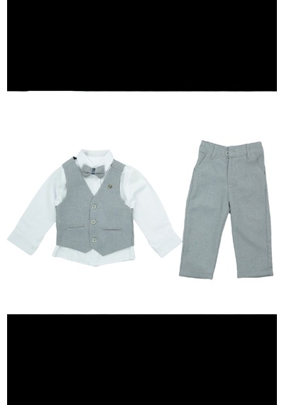 Modanino Erkek Bebek 4'lü Takım Set Pantolon+gömlek+yelek+papyon 12389 Gri