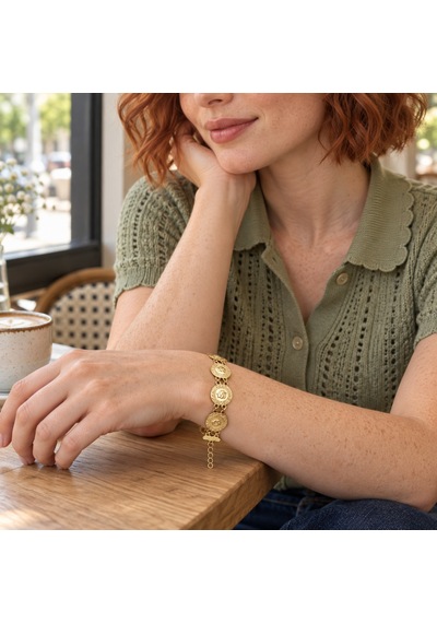 14 Ayar Altın Kaplama Çeyrek Motifli Kuyumcu Model Kadın Bileklik Ayarlanabilir Vintage Tasarım Renkli