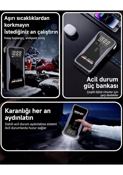 Dev Kapasite 60.000 Mah 4'ü 1 Arada Jump Starter Ve Hava Kompresörü