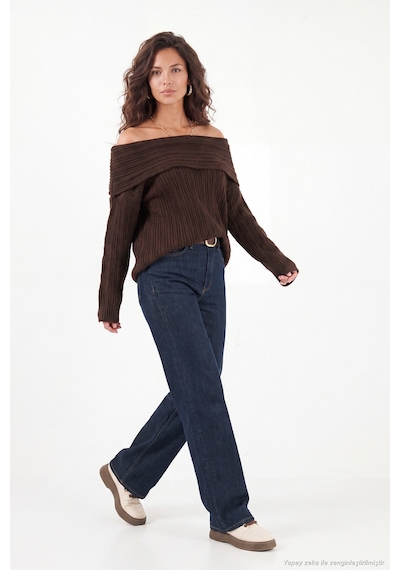Lela Oversize Fit Madonna Yaka Triko Kazak Kadın Kazak 4615216 Kahve