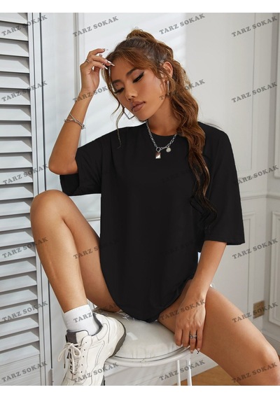Flood Of Style Unisex Bay Slogan Grafikli Düşük Omuzlu Tişört Kod-1400 Siyah
