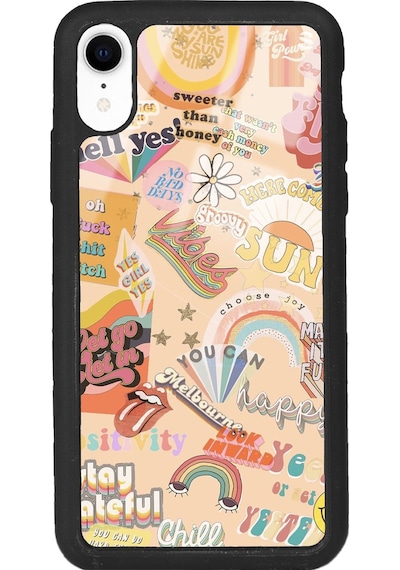 Apple Uyumlu iPhone Xr Vintage Sticker Tasarımlı Glossy Telefon Kılıfı Çok Renkli