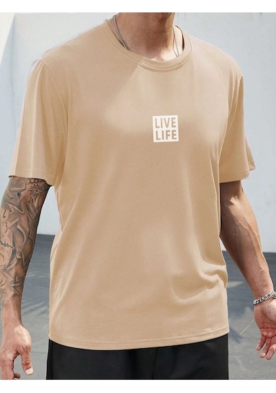 Flood Of Style Unisex Siyah Oversize Bisiklet Yaka %100 Pamuk Live Life Baskılı Bej