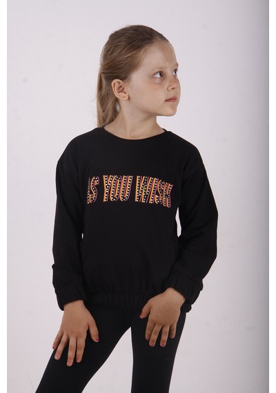 Toontoy Kız Çocuk You Wish Baskılı Sweatshirt Siyah