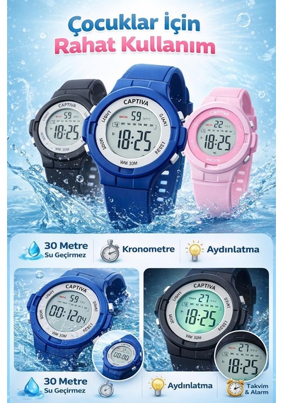 Captiva Digital 3 Atm Suya Dayanıklı Işık+alarm+kronometre+takvimli Çoçuk Kol Saati Cp.ml.002s1 Siyah